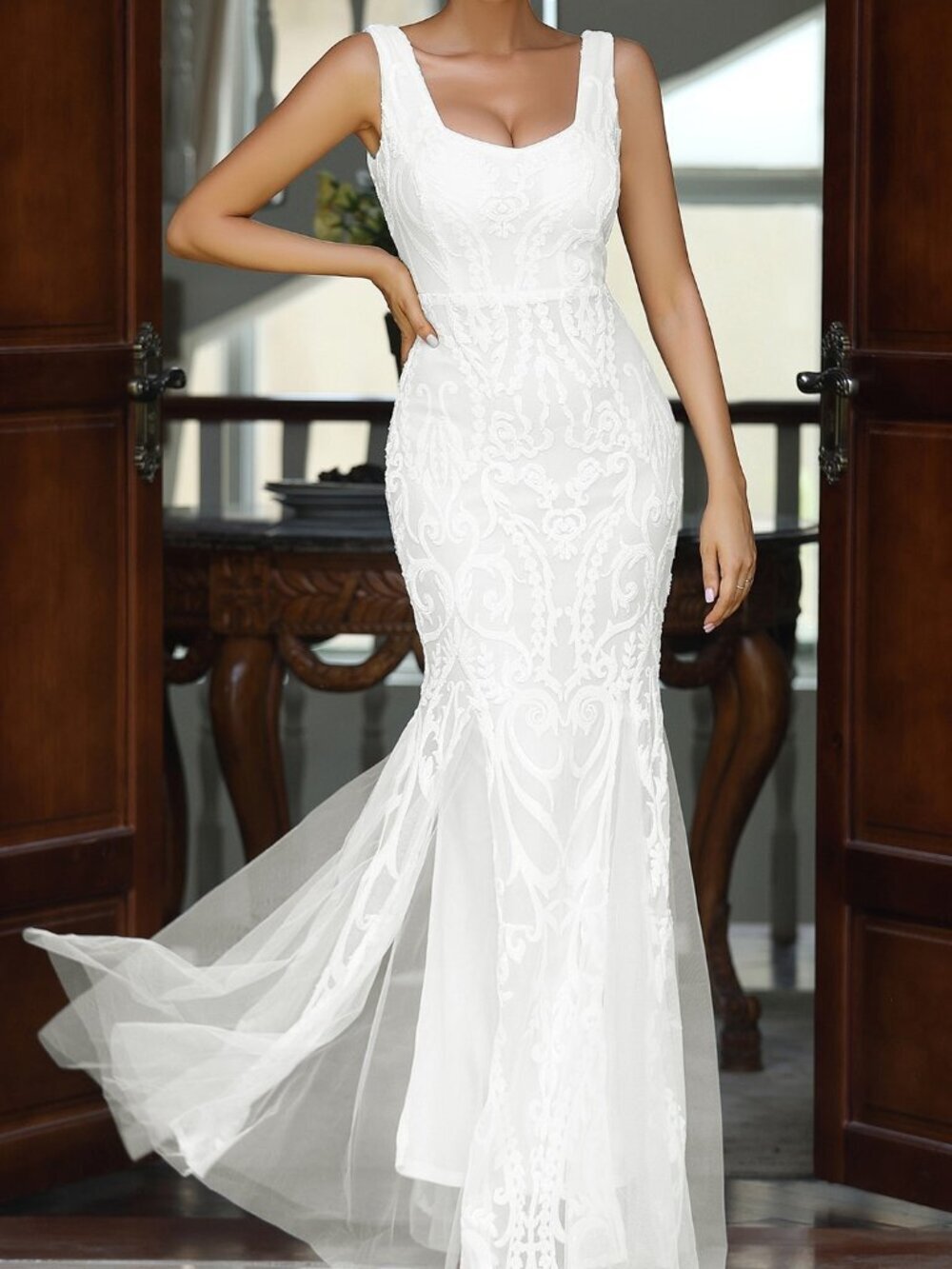 White Glamorous Women's Mermaid Hem Mesh Sequin Formal Gown - Picture 3 of 7